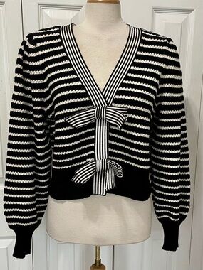 Black & White Striped V-Neck Bow Accent Sweater